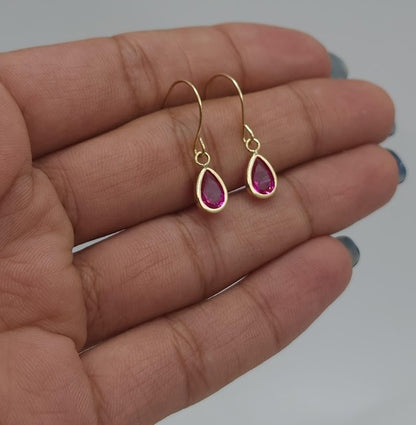 14Kt Yellow Gold Created Ruby Pear Bezel Dangle Earrings