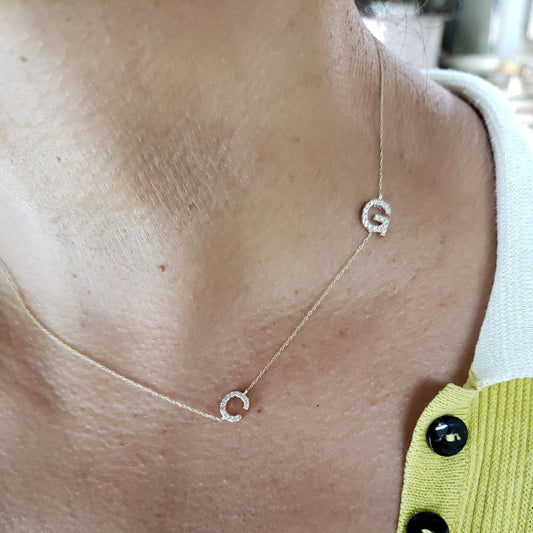 14Kt Gold 2 Initial Letter Sideways Diamond Pendant Necklace
