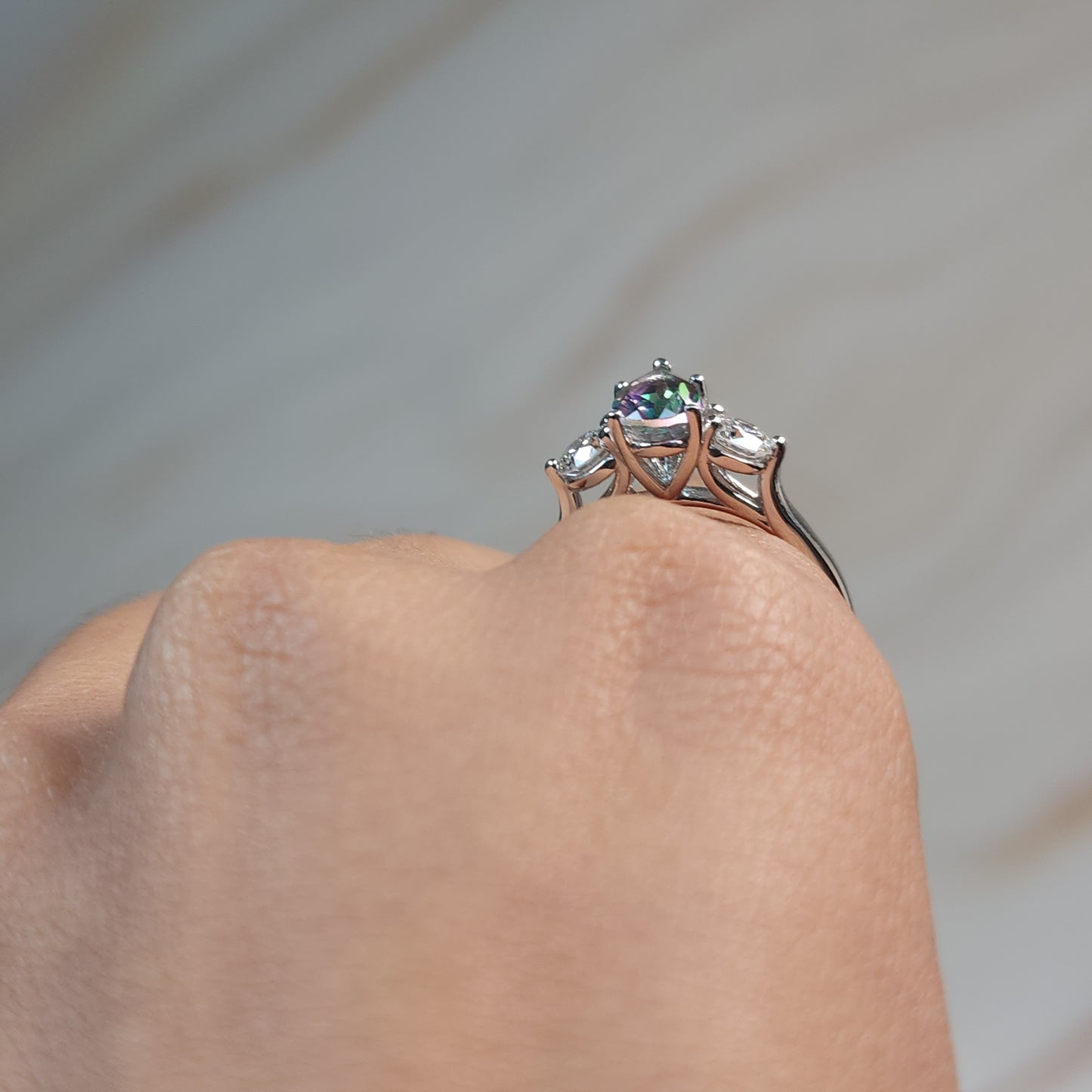 Natural Mystic Topaz & Lab Grown Diamond Pear Round ring .925 Sterling Silver