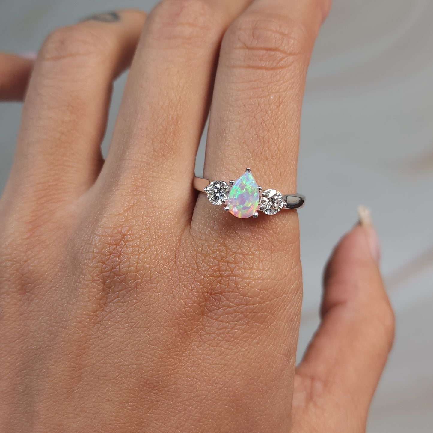 Created Pink Opal & Lab Grown Diamond Pear Round ring .925 Sterling Silver