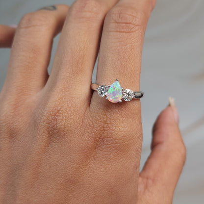 Created Pink Opal & Lab Grown Diamond Pear Round ring .925 Sterling Silver