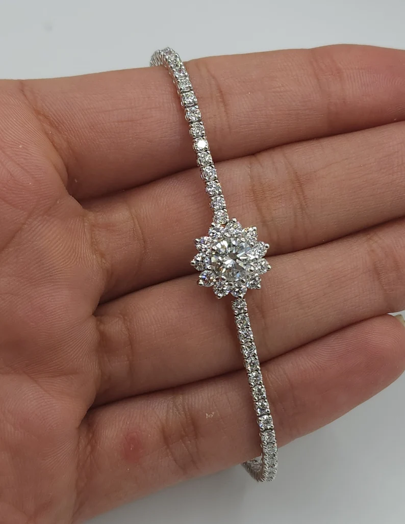 14Kt Gold 3.66 Ct Lab Grown Cluster Diamond Tennis Bracelet