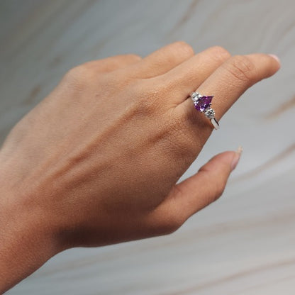 Created Alexandrite & Lab Grown Diamond Pear Round ring .925 Sterling Silver