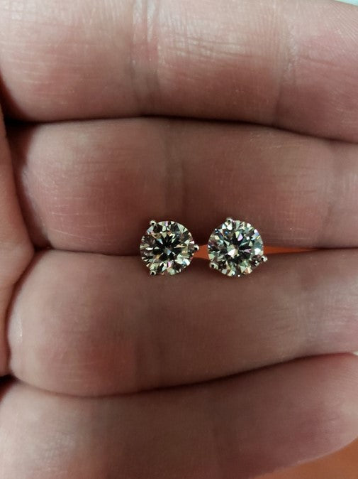 14Kt Gold 3 Ct 3 Prong Lab Grown Diamond Studs Earrings