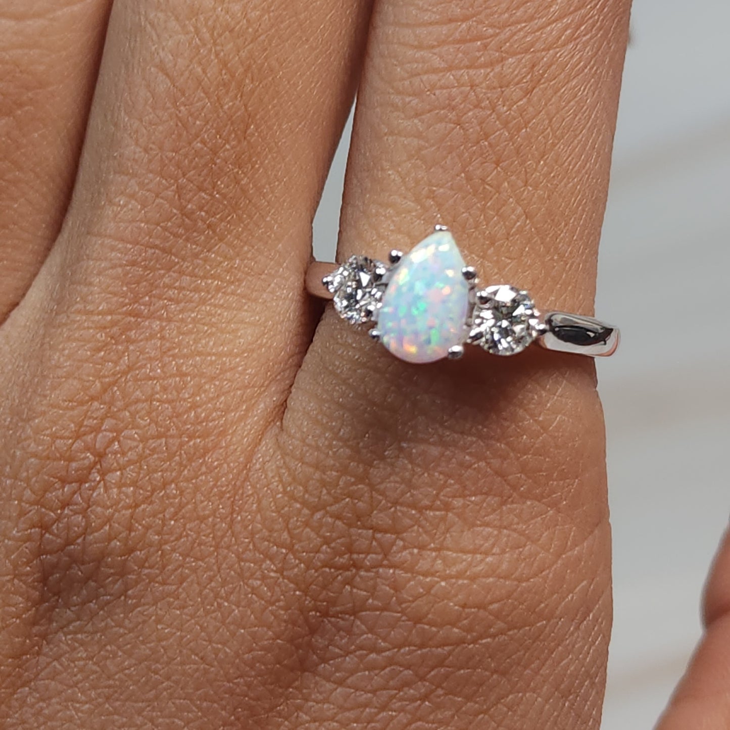Created Opal & Lab Grown Diamond Pear Round ring .925 Sterling Silver