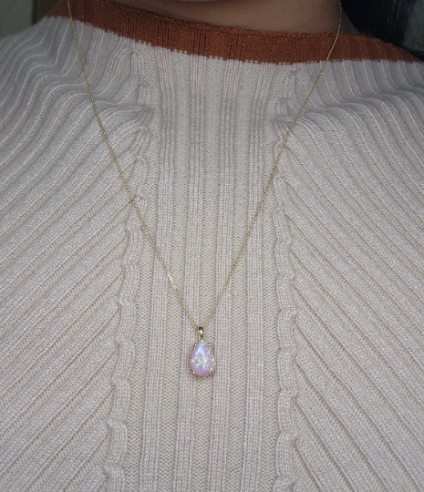 14Kt Gold Pink Opal Teardrop Pendant Necklace