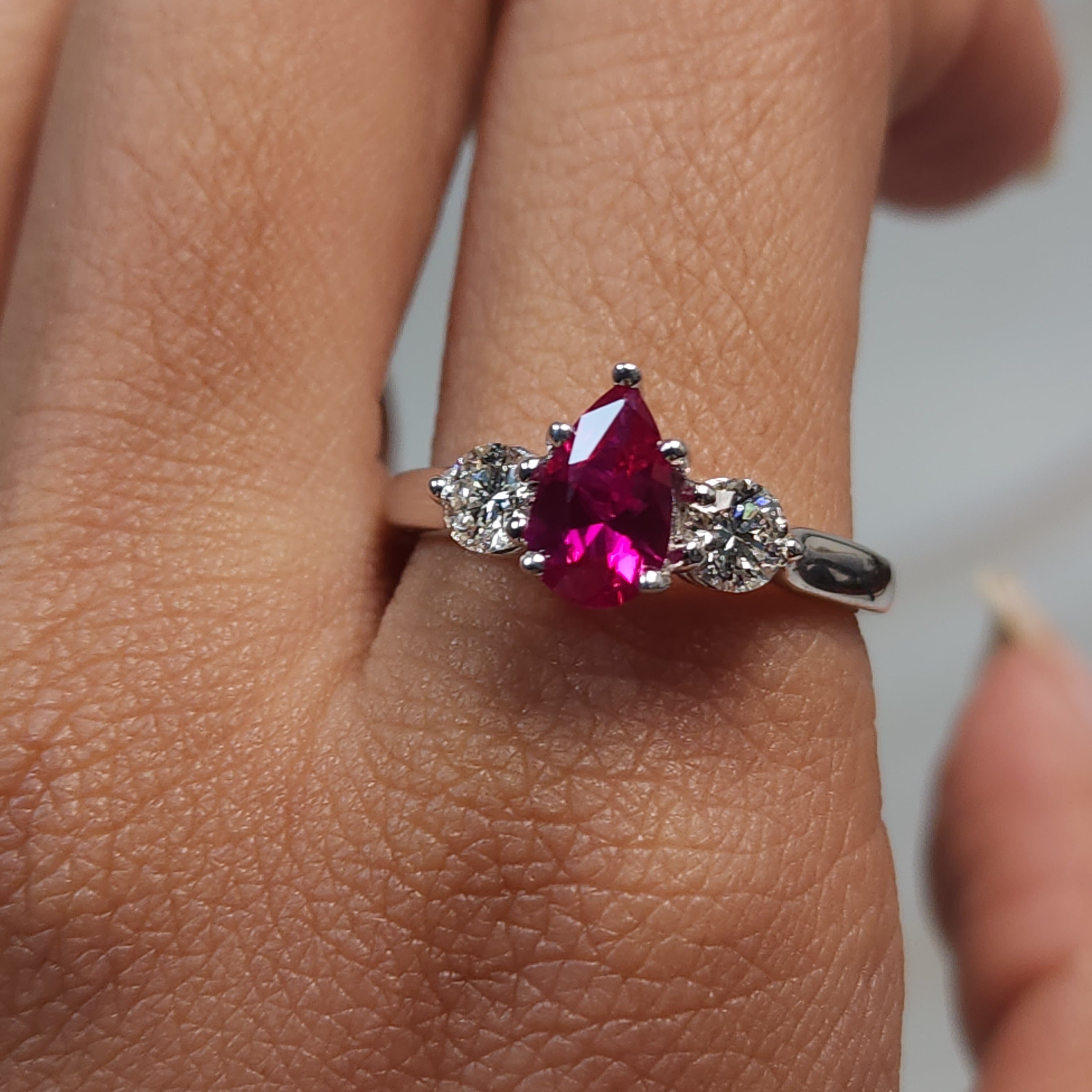 Created Ruby & Lab Grown Diamond Pear Round ring .925 Sterling