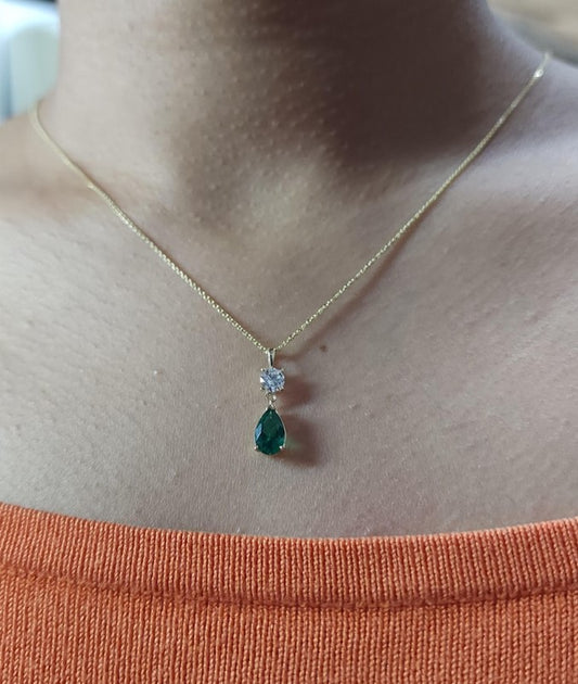 14Kt Gold Emerald Teardrop & Lab Grown Diamond Pendant