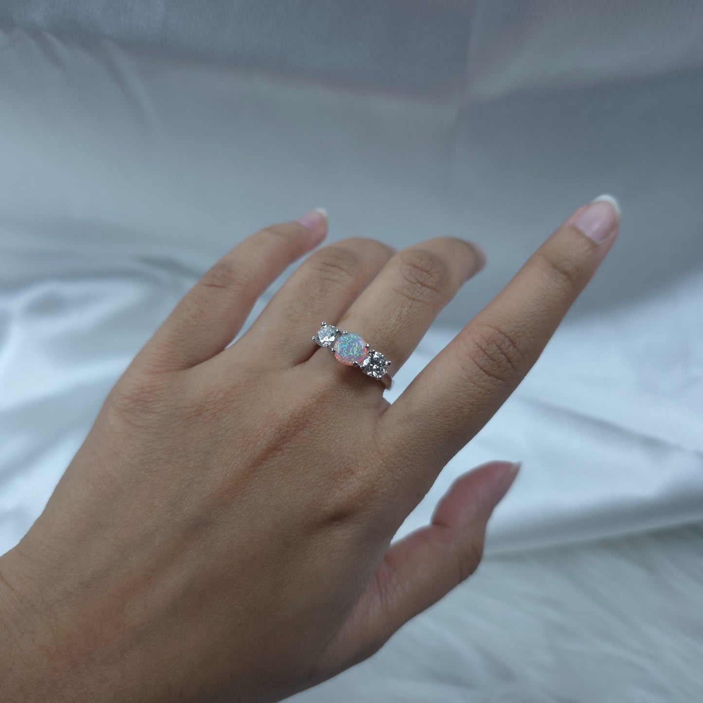 Created Pink Opal & 1Ct Lab Grown Diamond Round ring .925 Sterling Silver