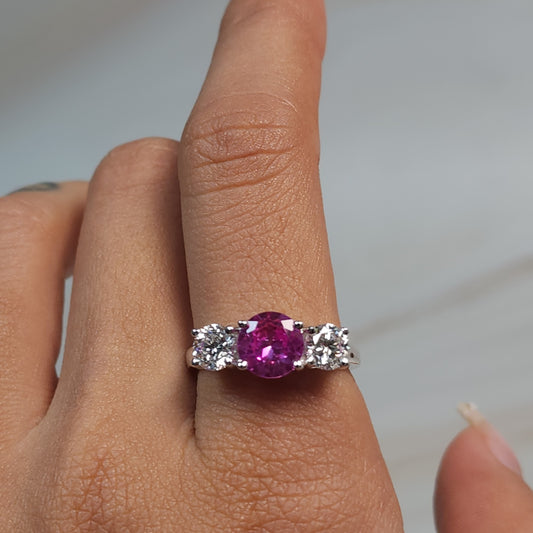 Created Pink Sapphire & 1Ct Lab Grown Diamond Round ring .925 Sterling Silver