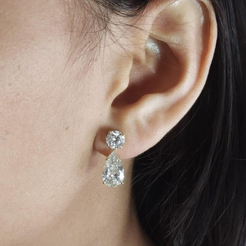 14Kt Gold 6 Ct 2 Stone Pear & Round Earrings Lab Grown Diamond Studs