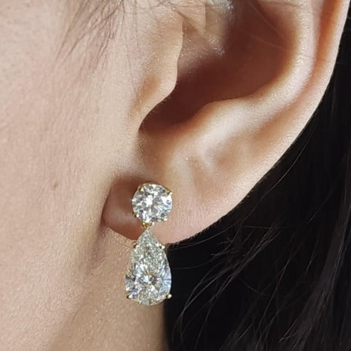 14Kt Gold 6 Ct 2 Stone Pear & Round Earrings Lab Grown Diamond Studs