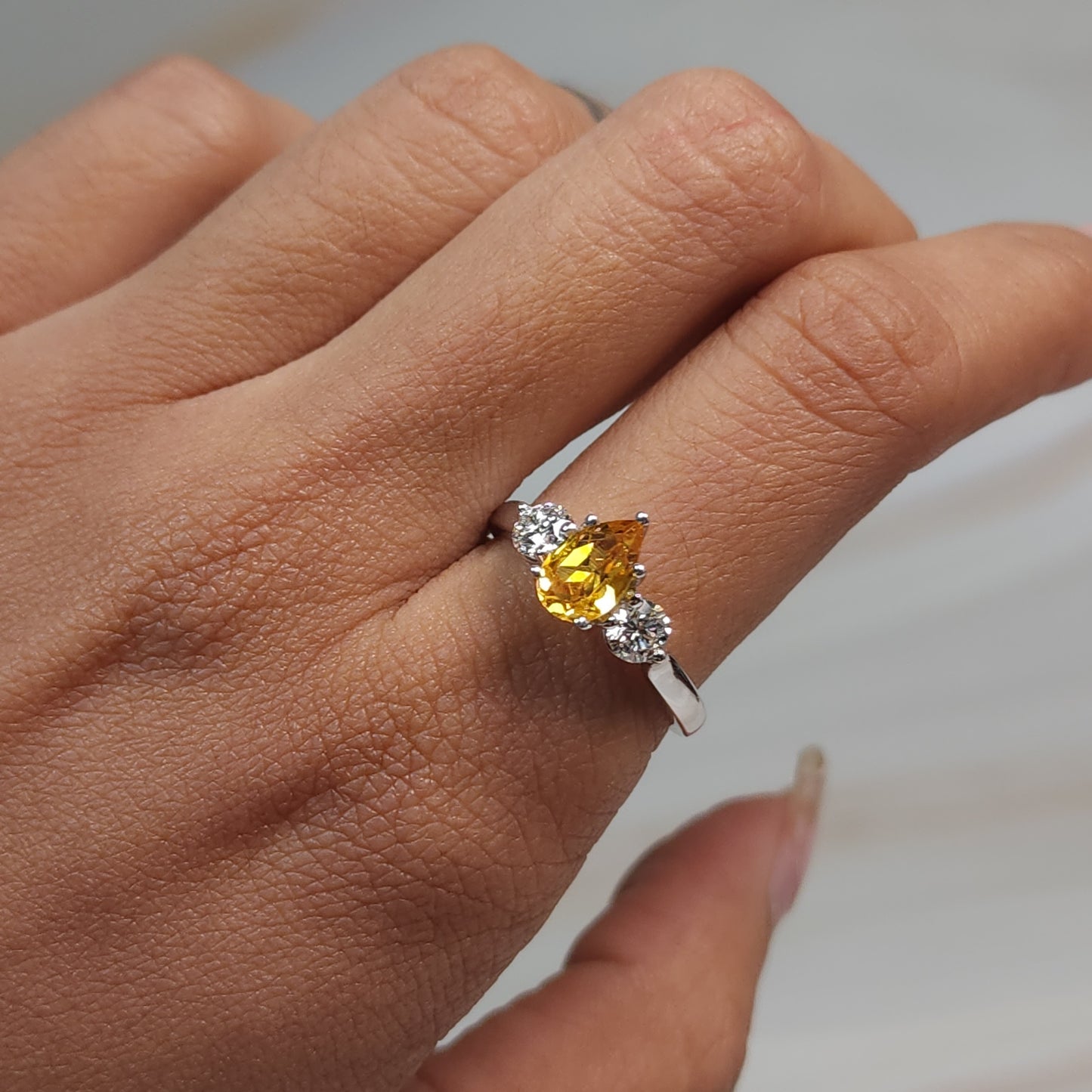 Yellow Citrine & Lab Grown Diamond Pear Round ring .925 Sterling Silver