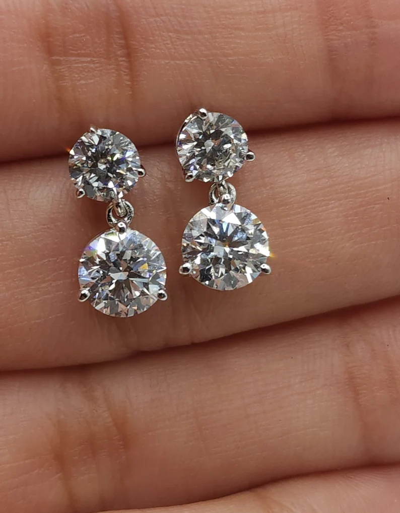 14Kt Gold 3 Ct Lab Grown Diamond 3 Prong Dangle Stud Earrings