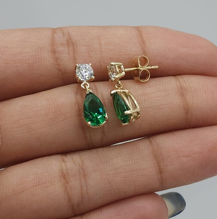 14Kt Gold Created Emerald & Lab Grown Diamond Teardrop Dangle Stud Earrings