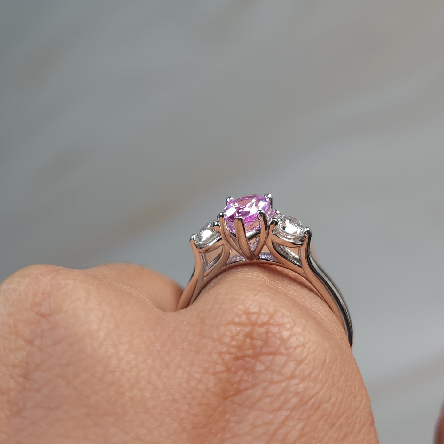 Created Pink Sapphire & Lab Grown Diamond Pear Round ring .925 Sterling Silver