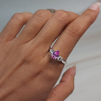 Created Pink Sapphire & Lab Grown Diamond Pear Round ring .925 Sterling Silver