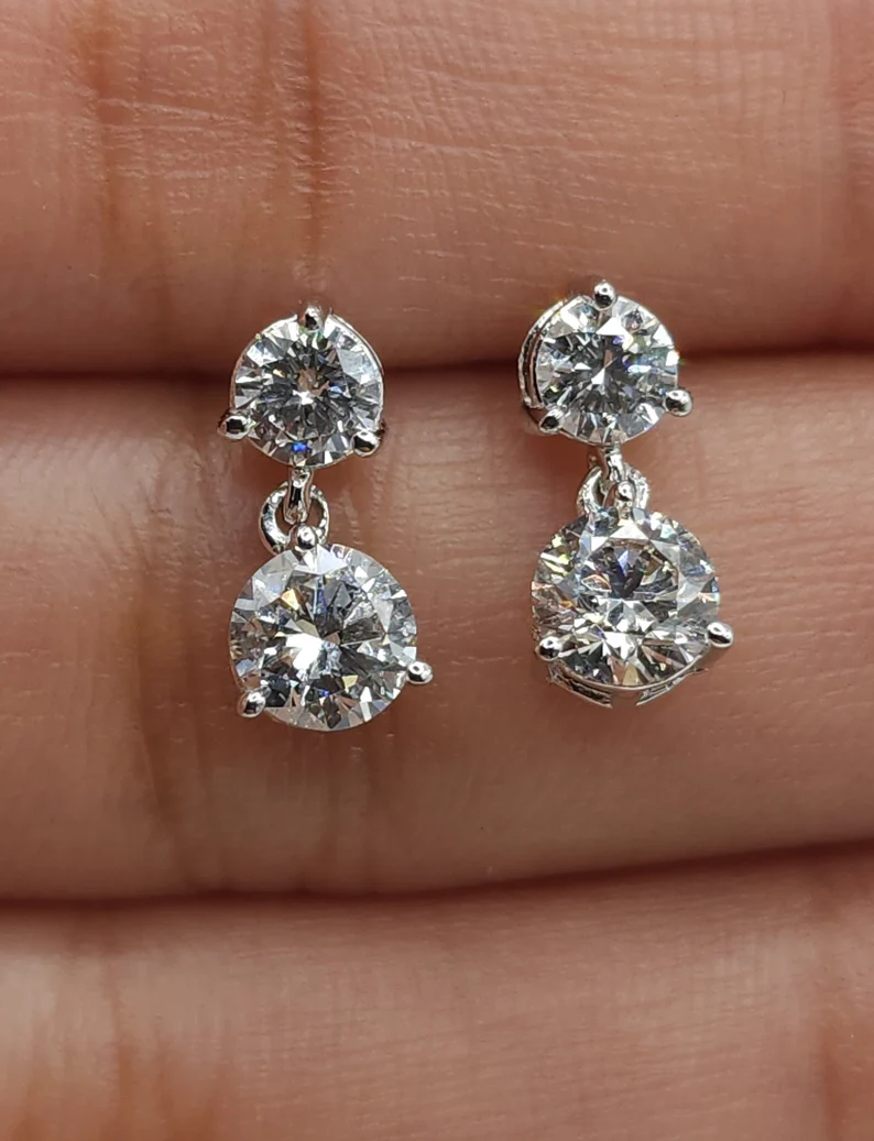 14Kt Gold 1.50 Ct Lab Grown Diamond 3 Prong Dangle Stud Earrings