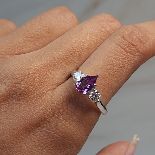Created Alexandrite & Lab Grown Diamond Pear Round ring .925 Sterling Silver