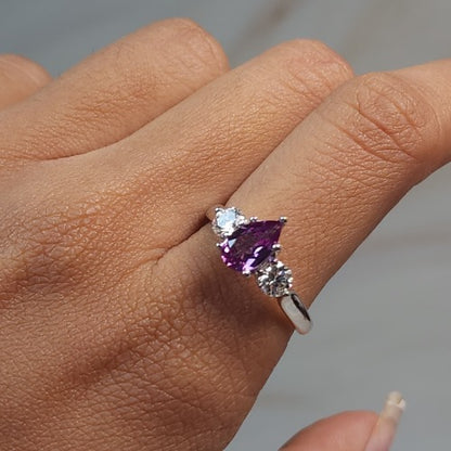 Created Alexandrite & Lab Grown Diamond Pear Round ring .925 Sterling Silver