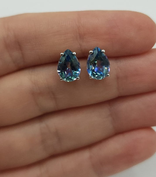 14Kt Gold 3 Ct Blue Mystic Topaz Teardrop Pear Shape Stud Earrings