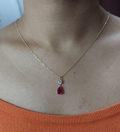 14Kt Gold Created Ruby Teardrop & Lab Grown Diamond Pendant