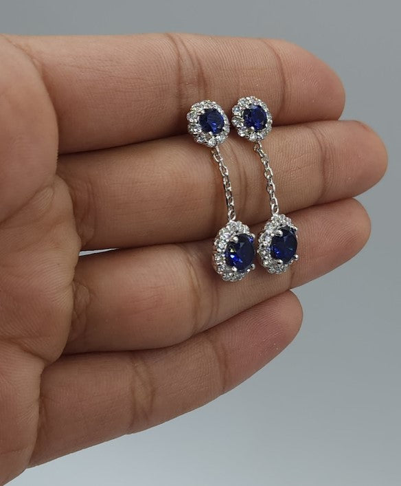 14Kt Gold 1.68 Ct Lab Grown Diamond & Blue Sapphire Halo Dangle Stud Earrings