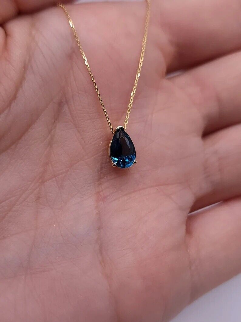 14Kt Gold London Blue Topaz Teardrop Necklace Pendant