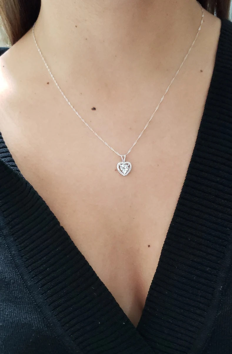 14Kt Gold Genuine Aquamarine & Diamond Heart Pendant Necklace