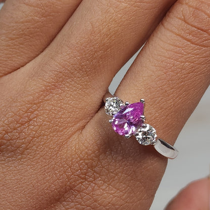 Created Pink Sapphire & Lab Grown Diamond Pear Round ring .925 Sterling Silver