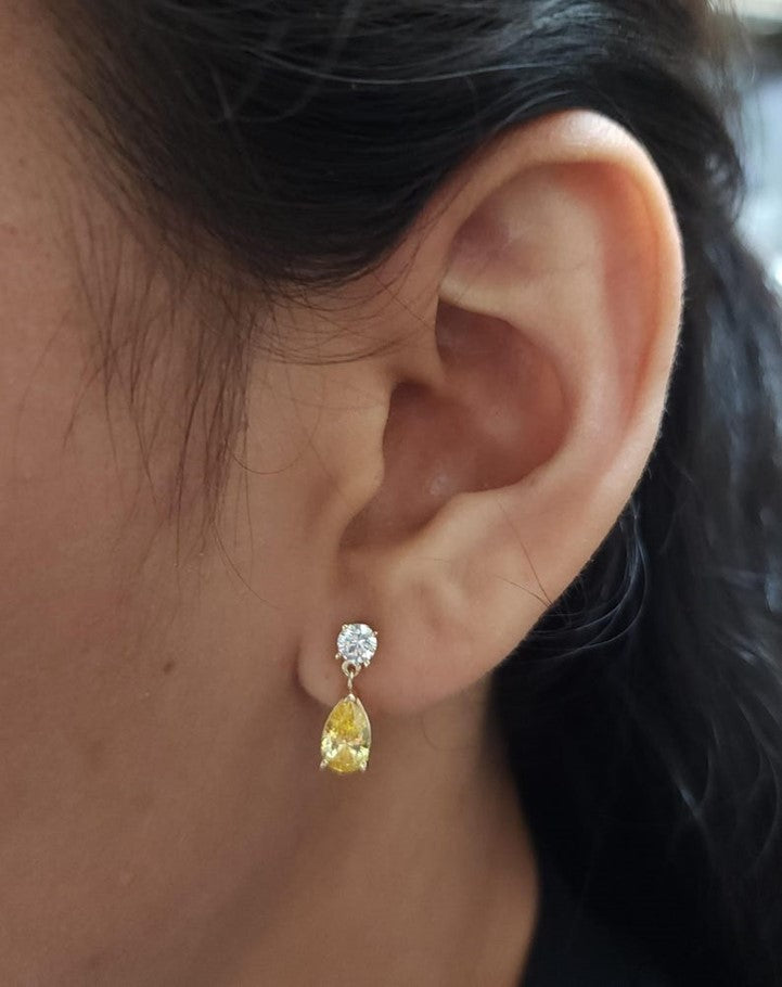 14Kt Gold Created Yellow Citrine & Lab Grown Diamond Teardrop Dangle Stud Earrings