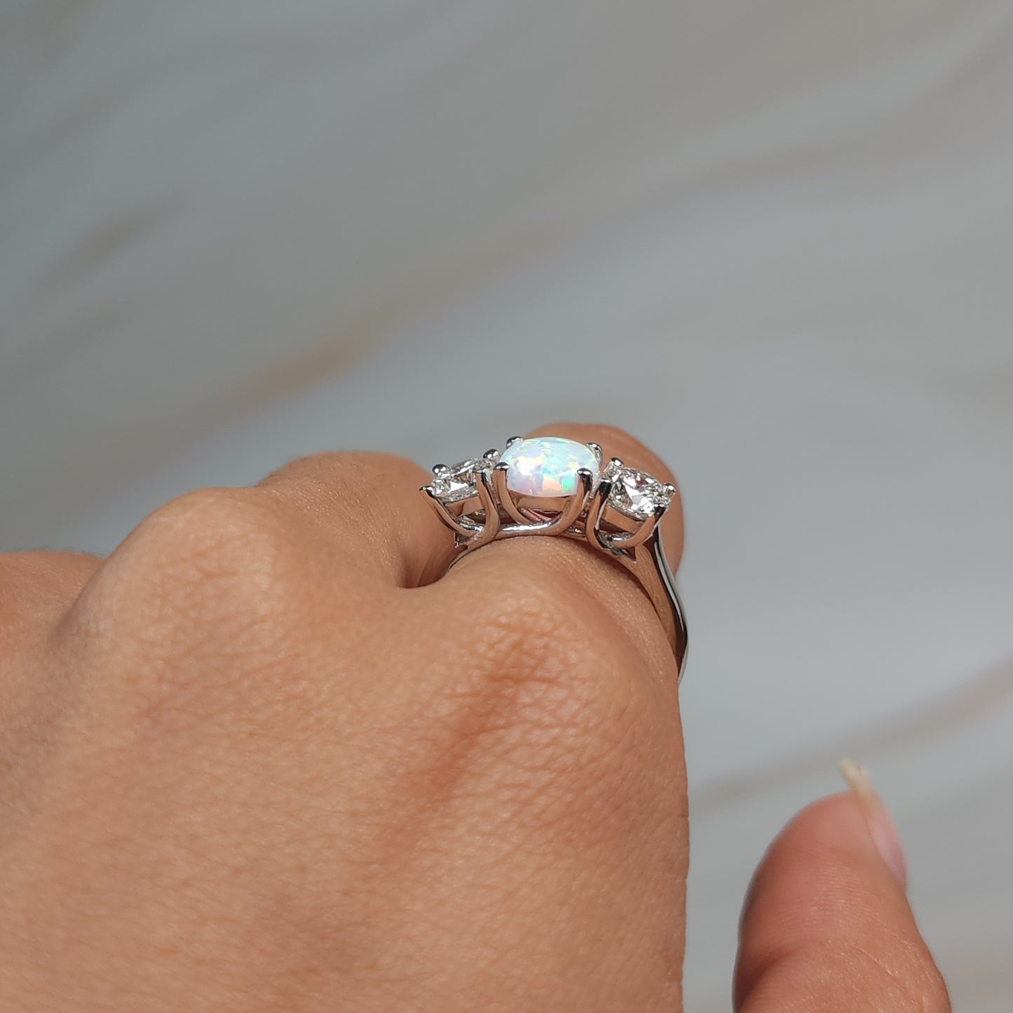Created Opal & 1Ct Lab Grown Diamond Round ring .925 Sterling Silver