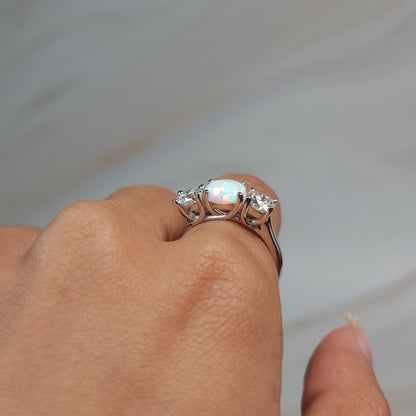 Created Opal & 1Ct Lab Grown Diamond Round ring .925 Sterling Silver