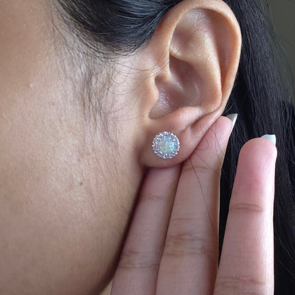 14Kt Gold Simulated Pink Opal Halo Design Stud Earrings