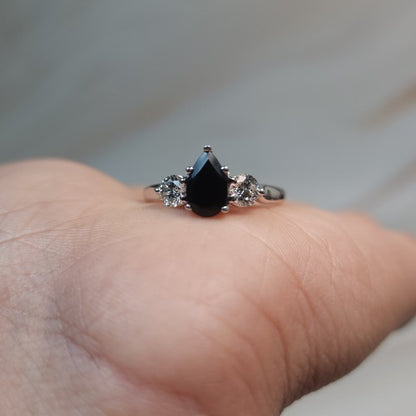 Natural Black Onyx & Lab Grown Diamond Pear Round ring .925 Sterling Silver