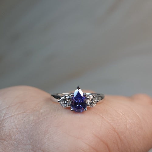 Simulated Tanzanite & Lab Grown Diamond Pear Round ring .925 Sterling Silver