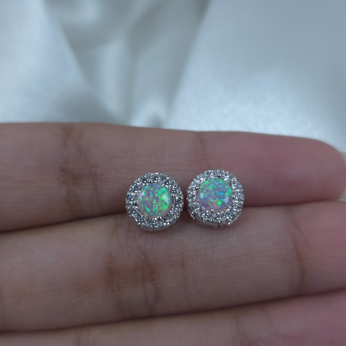 14Kt Gold Simulated Pink Opal Halo Design Stud Earrings