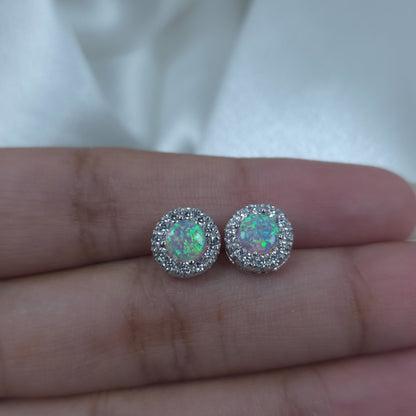 14Kt Gold Simulated Pink Opal Halo Design Stud Earrings