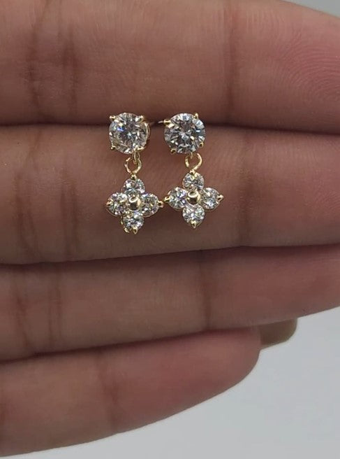 14Kt Gold 0.96 Ct Clover Lab Grown Diamond Earrings Dangle Earrings 4 Stone Earrings