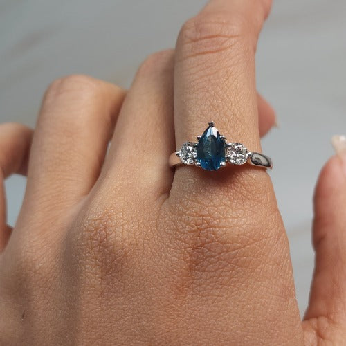 London Blue Topaz & Lab Grown Diamond Pear Round ring .925 Sterling Silver