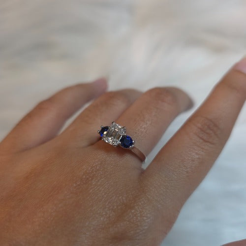 14Kt Gold 1.60 Ct Emerald Cut and Blue Sapphire 3 Stone Lab Grown Diamond Ring