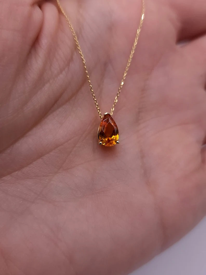 14Kt Gold Orange Citrine Teardrop Pendant Necklace