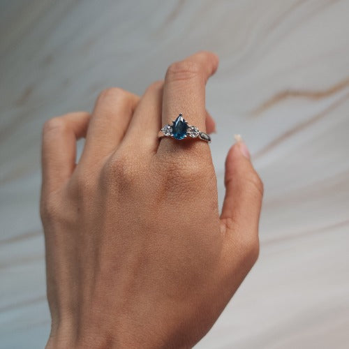 London Blue Topaz & Lab Grown Diamond Pear Round ring .925 Sterling Silver
