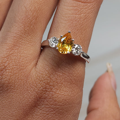 Yellow Citrine & Lab Grown Diamond Pear Round ring .925 Sterling Silver