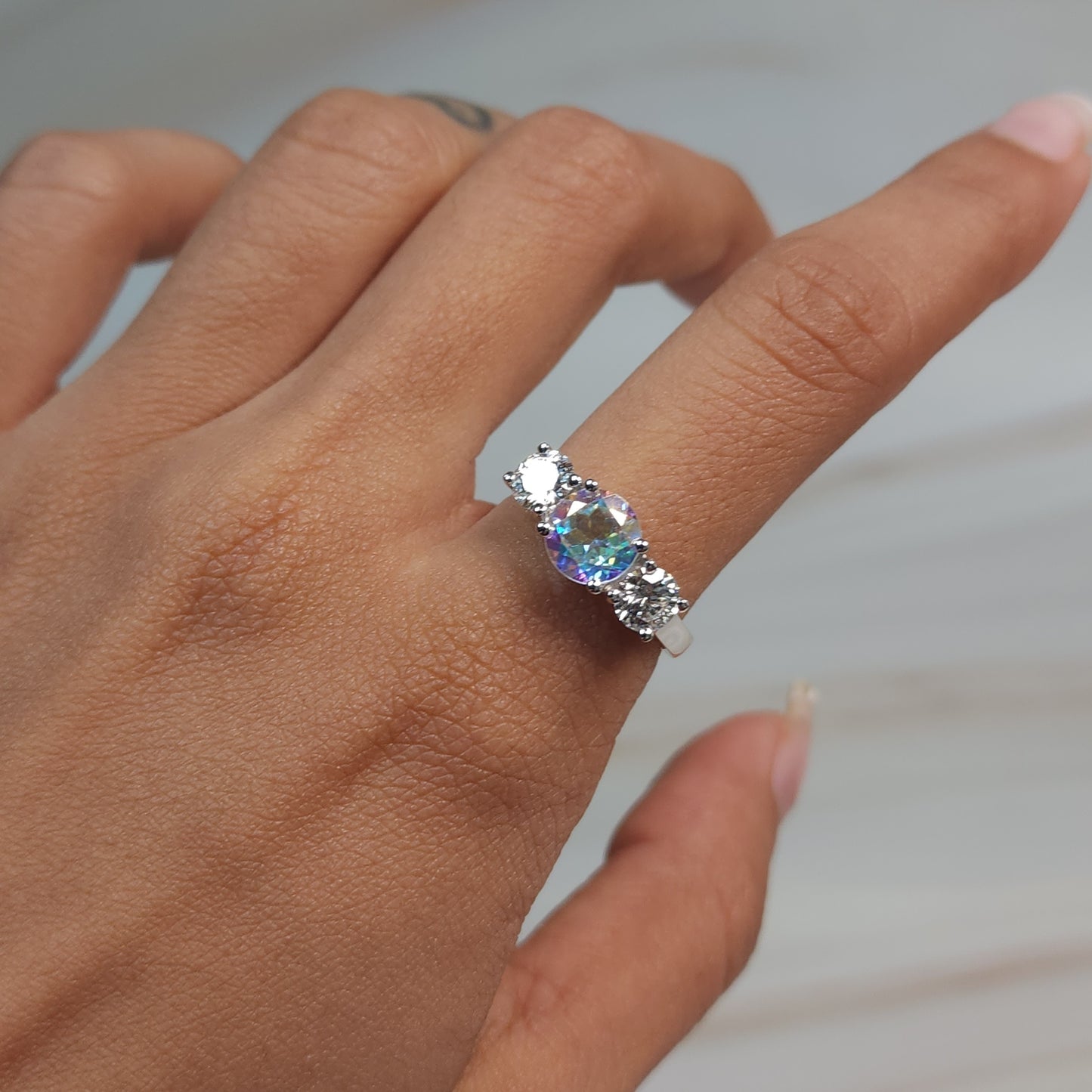 Mercury Mystic Topaz & 1Ct Lab Grown Diamond Round ring .925 Sterling Silver
