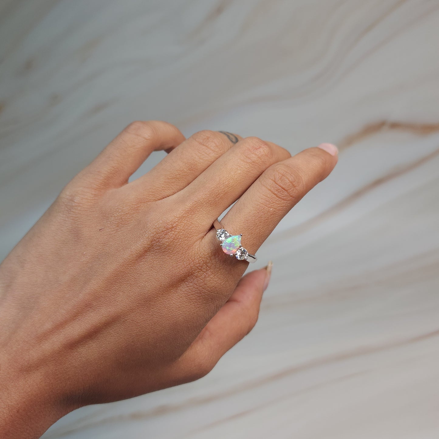 Created Pink Opal & Lab Grown Diamond Pear Round ring .925 Sterling Silver