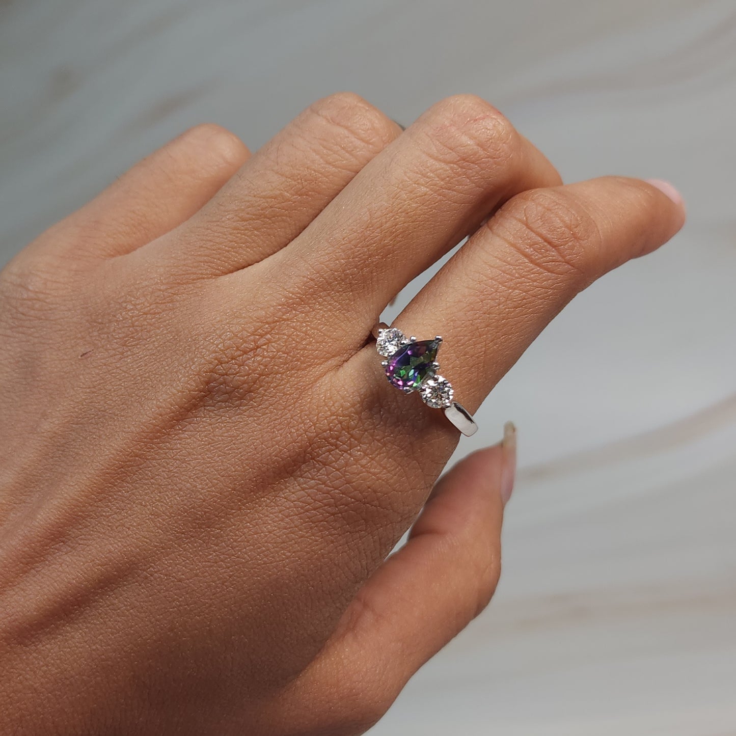 Natural Mystic Topaz & Lab Grown Diamond Pear Round ring .925 Sterling Silver