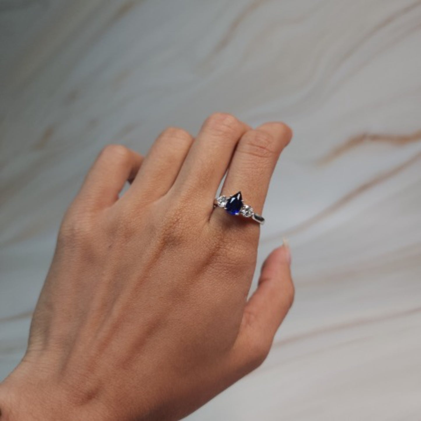 Created Blue Sapphire & Lab Grown Diamond Pear Round ring .925 Sterling Silver