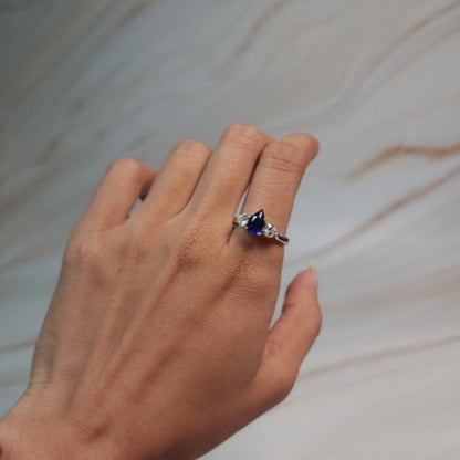 Created Blue Sapphire & Lab Grown Diamond Pear Round ring .925 Sterling Silver