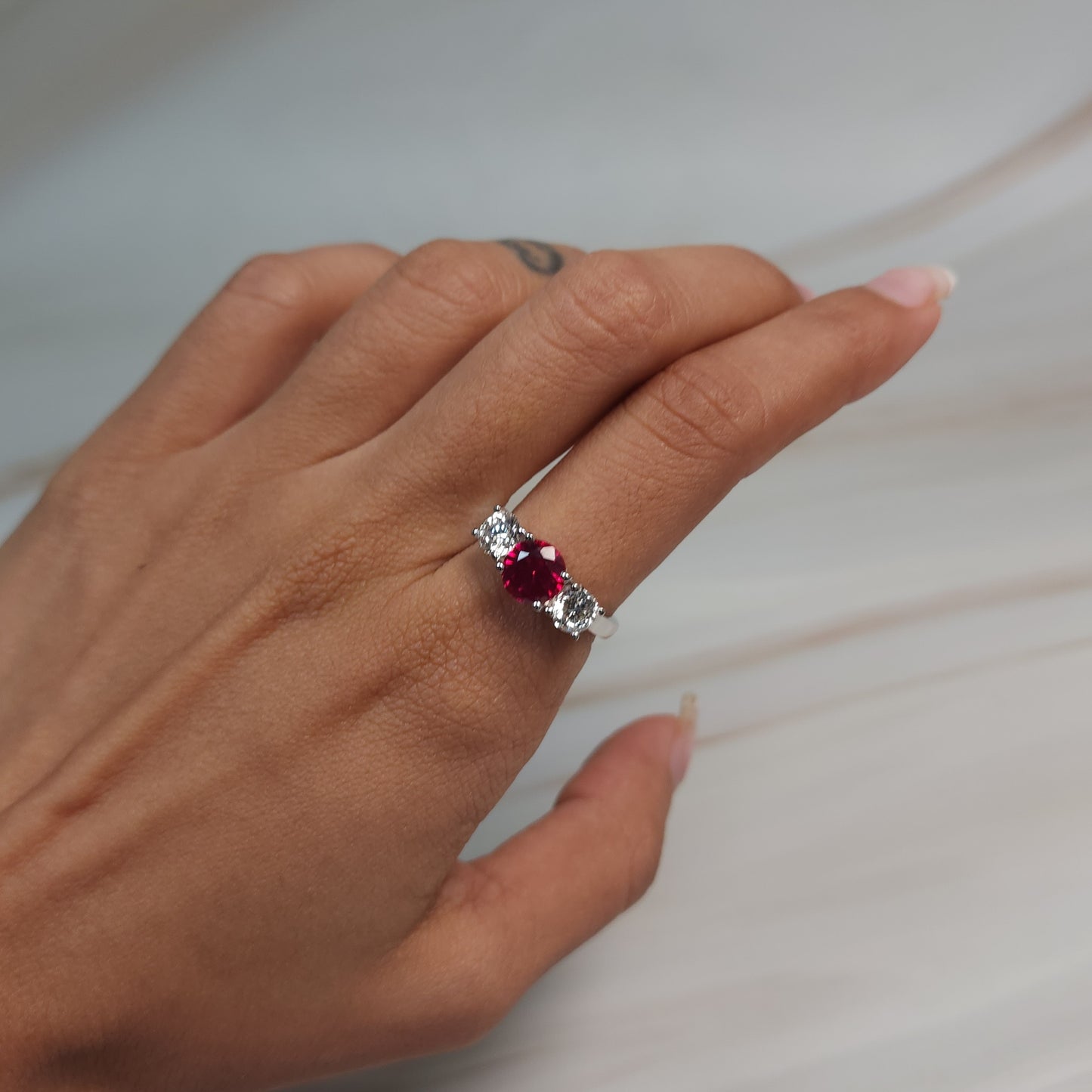 Created Ruby & 1Ct Lab Grown Diamond Round ring .925 Sterling Silver